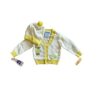 NWT 2Pc Vintage Cardigan Sweater Hat Baby 12 MOS Bear Sled Yellow White NOS